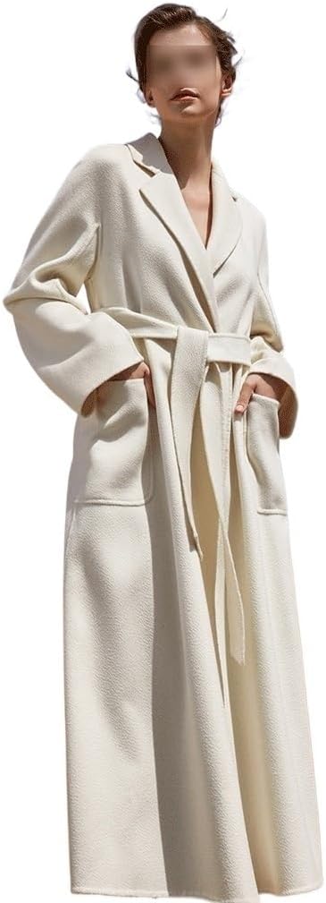 White Cashmere Mid-Length Coat: High-end double-sided cashmere jacket for women featuring a luxury water-ripple pattern and tweed textures. Perfect for fall and winter elegance (L Code/Size Large).