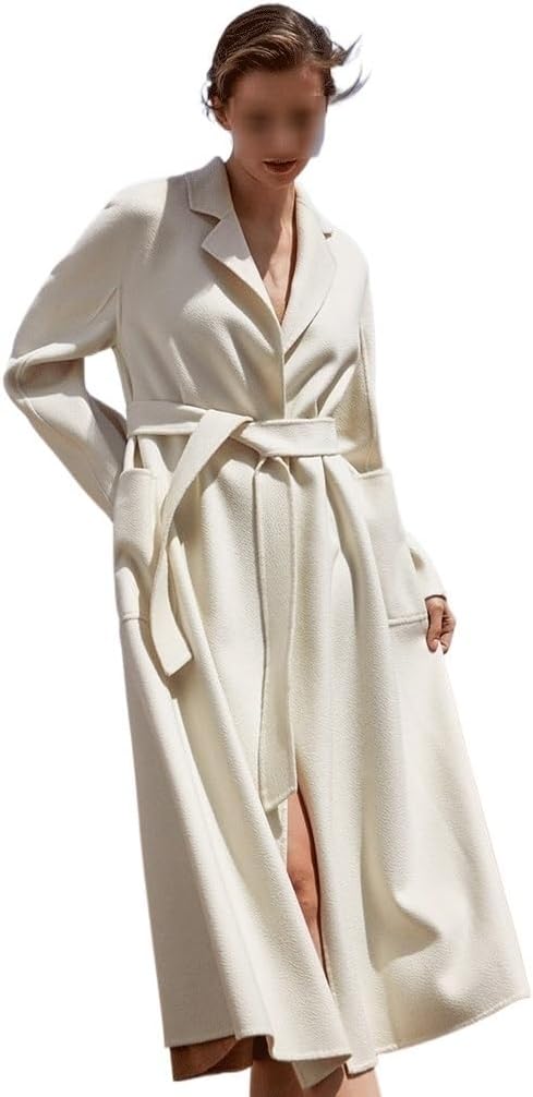 White Cashmere Mid-Length Coat: High-end double-sided cashmere jacket for women featuring a luxury water-ripple pattern and tweed textures. Perfect for fall and winter elegance (L Code/Size Large).