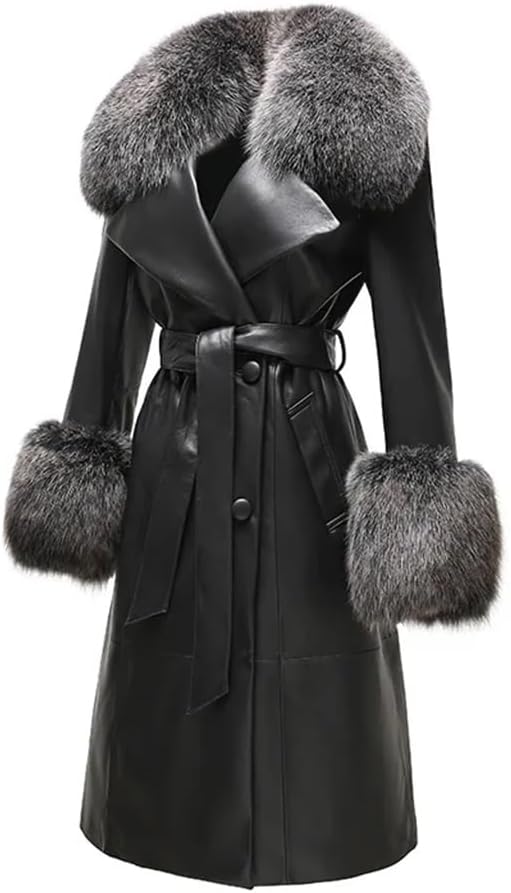 Faux Fur Trim Trench Coat: Women's autumn and winter long coat featuring an elegant hair collar and matching cuffs for a stylish, warm silhouette.