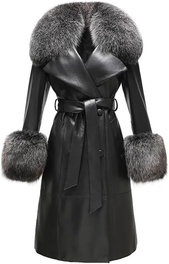 Faux Fur Trim Trench Coat: Women's autumn and winter long coat featuring an elegant hair collar and matching cuffs for a stylish, warm silhouette.