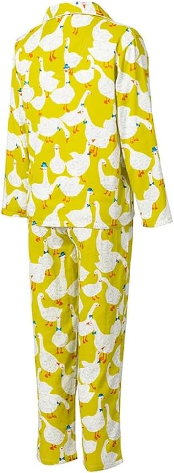 Cartoon Goose Pajamas: Women's spring cotton loungewear set featuring a cute goose print, two long-sleeved tops, and comfortable, loose-fitting trousers.