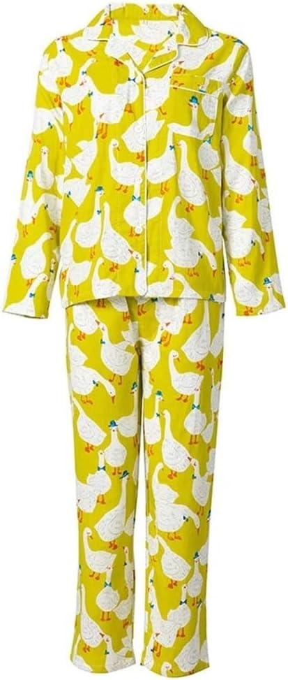 Cartoon Goose Pajamas: Women's spring cotton loungewear set featuring a cute goose print, two long-sleeved tops, and comfortable, loose-fitting trousers.