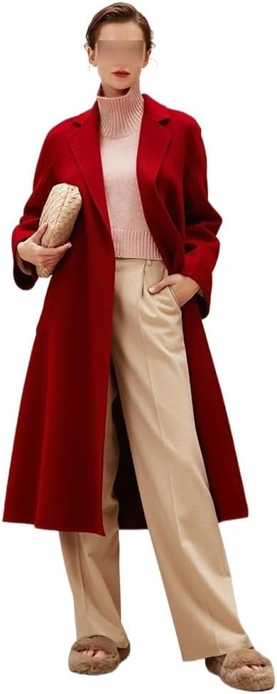 Red Cashmere Mid-Length Coat: High-end double-sided cashmere and tweed jacket for women. Perfect for fall and winter elegance (M Code/Size Medium).