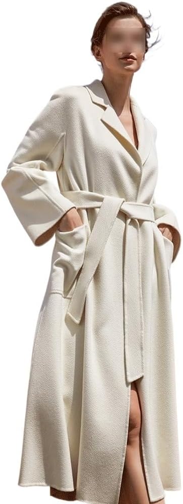 White Cashmere Mid-Length Coat: High-end double-sided cashmere jacket for women featuring a luxury water-ripple pattern and tweed textures. Perfect for fall and winter elegance (L Code/Size Large).