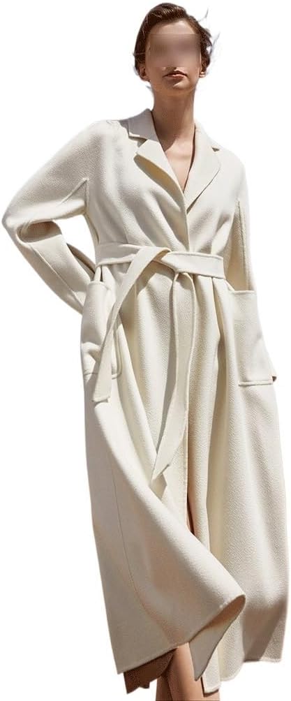 White Cashmere Mid-Length Coat: High-end double-sided cashmere jacket for women featuring a luxury water-ripple pattern and tweed textures. Perfect for fall and winter elegance (L Code/Size Large).