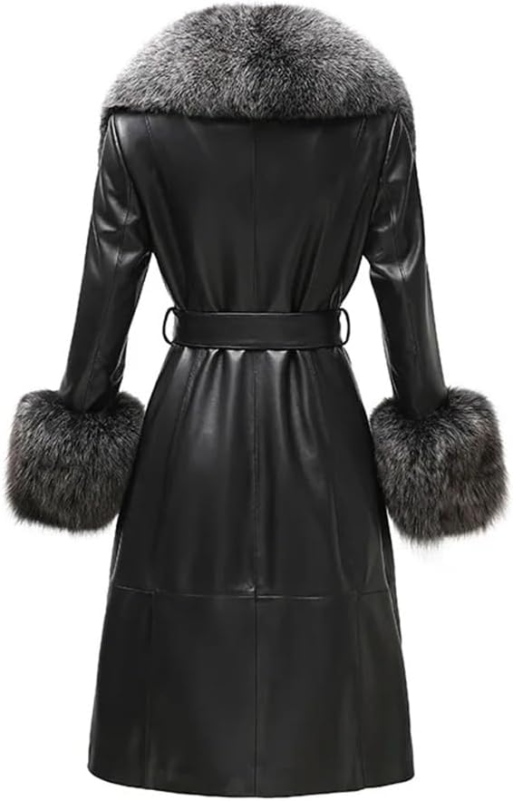 Faux Fur Trim Trench Coat: Women's autumn and winter long coat featuring an elegant hair collar and matching cuffs for a stylish, warm silhouette.