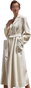 White Cashmere Mid-Length Coat: High-end double-sided cashmere jacket for women featuring a luxury water-ripple pattern and tweed textures. Perfect for fall and winter elegance (L Code/Size Large).