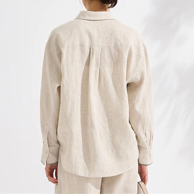 Oversized Button-Down Blouse: Women's fashion long-sleeve casual top featuring a classic lapel neck, solid color, and relaxed fit. Perfect as a versatile work shirt.