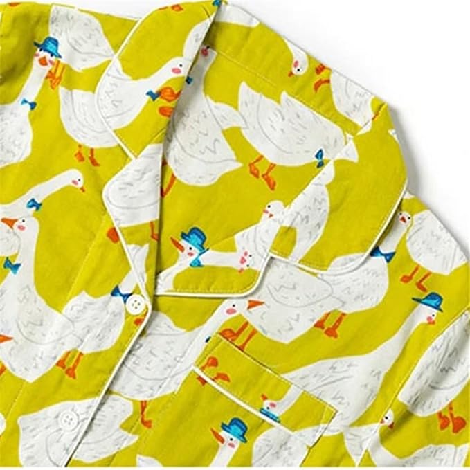 Cartoon Goose Pajamas: Women's spring cotton loungewear set featuring a cute goose print, two long-sleeved tops, and comfortable, loose-fitting trousers.