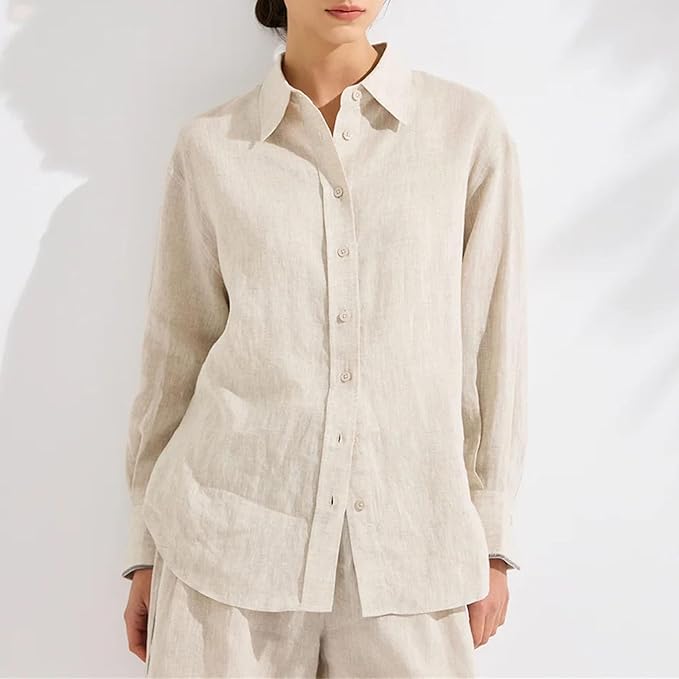 Oversized Button-Down Blouse: Women's fashion long-sleeve casual top featuring a classic lapel neck, solid color, and relaxed fit. Perfect as a versatile work shirt.