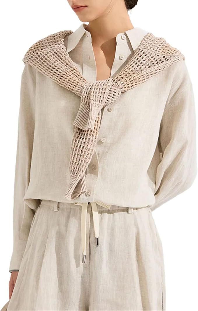 Oversized Button-Down Blouse: Women's fashion long-sleeve casual top featuring a classic lapel neck, solid color, and relaxed fit. Perfect as a versatile work shirt.