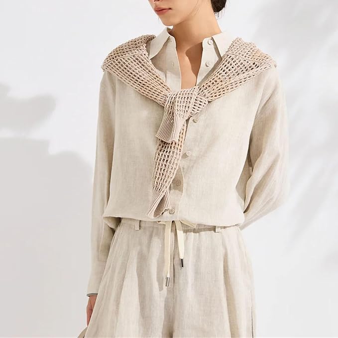 Oversized Button-Down Blouse: Women's fashion long-sleeve casual top featuring a classic lapel neck, solid color, and relaxed fit. Perfect as a versatile work shirt.