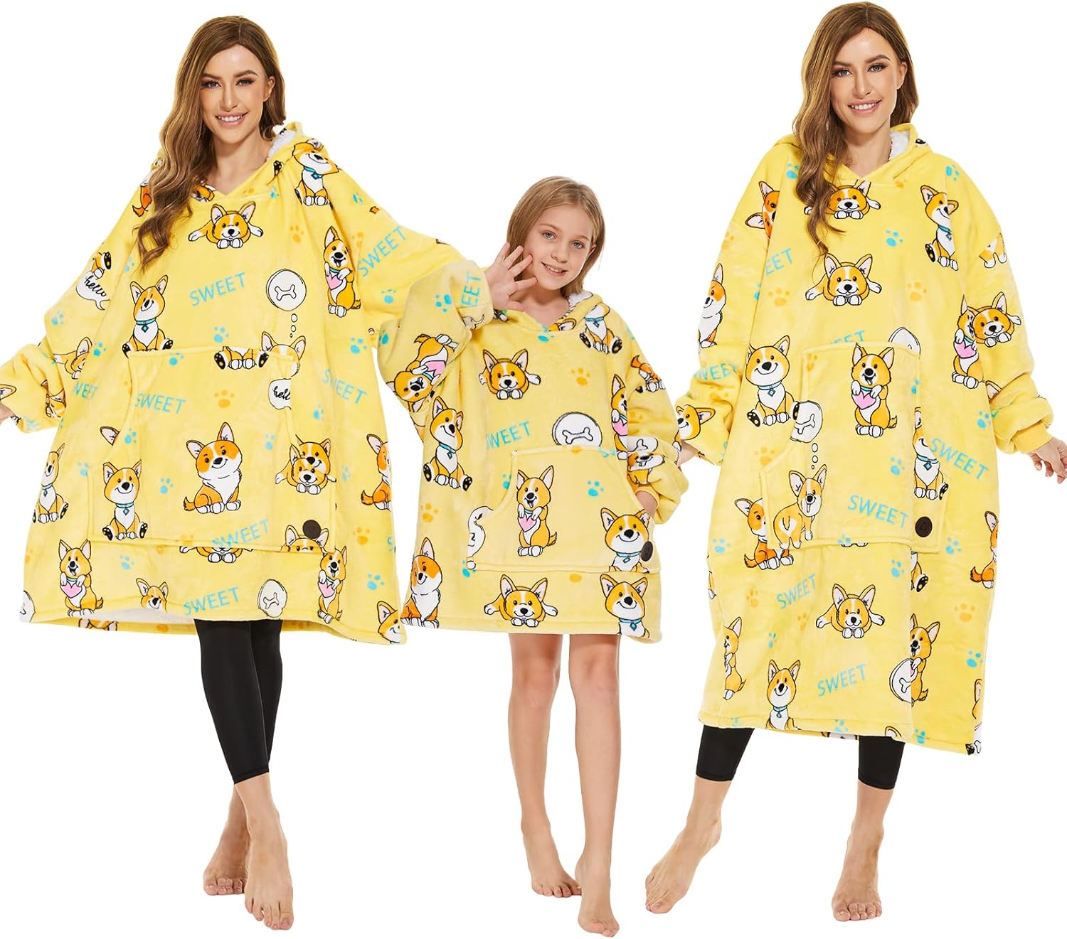 Family Blanket Hoodie Set: Oversized Sherpa wearable blanket matching pack containing 2 adult hoodies and 1 kid hoodie. Ultra-soft, cozy, and fluffy all-in-one warm lounge set.