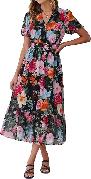 Boho Floral Midi Dress: Women's casual chiffon A-line dress featuring a belted waist and long, flowy silhouette. Perfect for summer beach holidays or wedding guests.