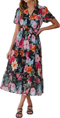 Boho Floral Midi Dress: Women's casual chiffon A-line dress featuring a belted waist and long, flowy silhouette. Perfect for summer beach holidays or wedding guests.
