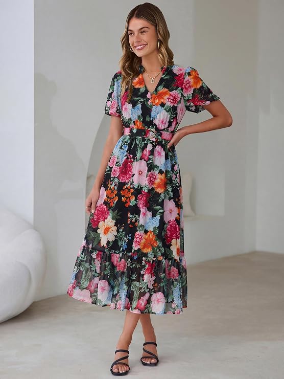 Boho Floral Midi Dress: Women's casual chiffon A-line dress featuring a belted waist and long, flowy silhouette. Perfect for summer beach holidays or wedding guests.