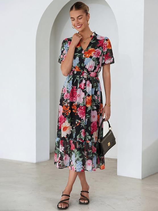 Boho Floral Midi Dress: Women's casual chiffon A-line dress featuring a belted waist and long, flowy silhouette. Perfect for summer beach holidays or wedding guests.