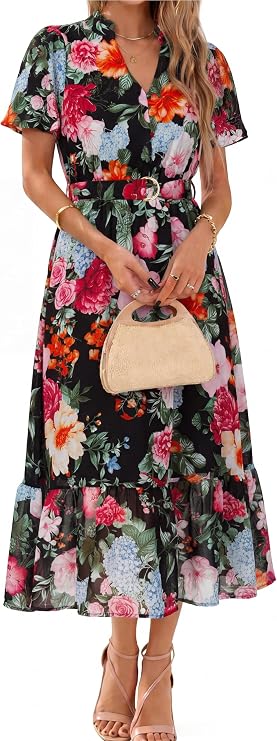 Boho Floral Midi Dress: Women's casual chiffon A-line dress featuring a belted waist and long, flowy silhouette. Perfect for summer beach holidays or wedding guests.