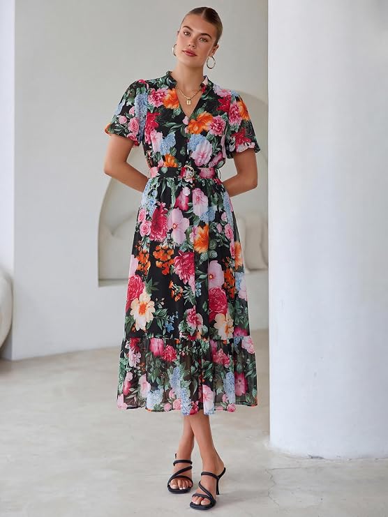 Boho Floral Midi Dress: Women's casual chiffon A-line dress featuring a belted waist and long, flowy silhouette. Perfect for summer beach holidays or wedding guests.